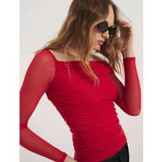 Red Blouses River Island Asymmetric Neck Ruched Mesh Top - Red