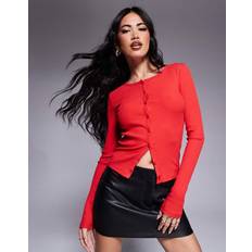 Red - Women Cardigans River Island Ribbed Button Cardigan - Red