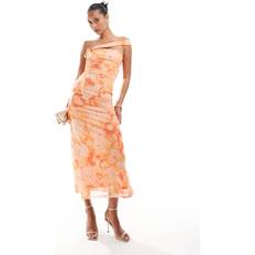 Axelband Klänningar ASOS DESIGN Blommig Midiklänning I Mesh Med Bandeau Ringning - Orange
