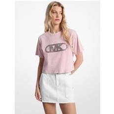 Studded Garment-Dyed Cotton Cropped T-Shirt - Pink