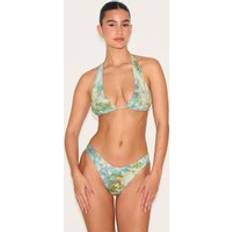PrettyLittleThing Green Mottled Print High Leg Bikini Bottoms - Green
