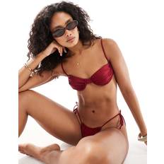 Bershka Swimwear Bershka Satin Ruched Bikini Bottoms Co-Ord - Burgundy