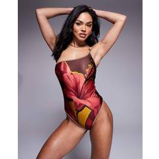 Brown - Women Swimwear River Island One Shoulder Floral Swimsuit - Brown