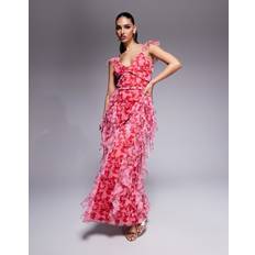 Lace & Beads Ruffle Midaxi Tulle Dress - Red/Pink Floral