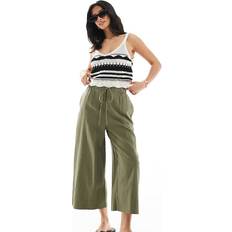 New Look Petite Cropped Linen Trousers - Khaki