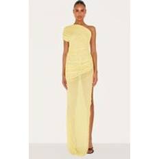 PrettyLittleThing Mesh Ruched One Shoulder Thigh Split Maxi Dress - Yellow