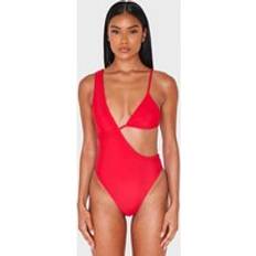 PrettyLittleThing Red Plait Detail Asymmetric Swimsuit - Red