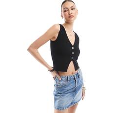 Voksen - XS Bluser Stradivarius Sort Top Med Knapdetaljer I Let Strik