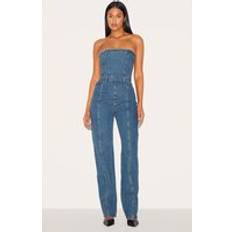 PrettyLittleThing Indigo Vintage Wash Bandeau Style Straight Leg Denim Jumpsuit - 16