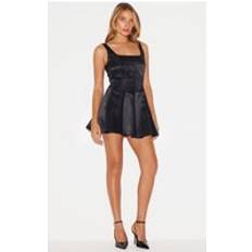 PrettyLittleThing Satin Square Neck Pleated Shift Dress - Black