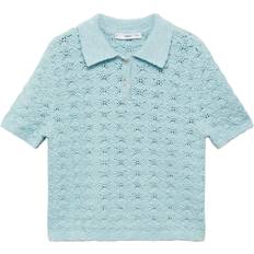 Turquoise - Women Jumpers Mango Openwork Knitted Polo-Neck Sweater - Turquoise