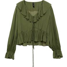 Viscose Blouses Mango Ruffle Tie Front Top - Dark Green