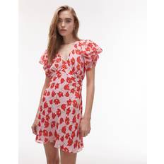 Topshop Pinned Sleeve Mini Tea Dress - Pink Red Floral