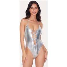 Dam - Silver Baddräkter PrettyLittleThing Silver Metallic Cut Out High Leg Swimsuit - Grey
