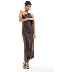 Object One Shoulder Satin Maxi Dress - Brown