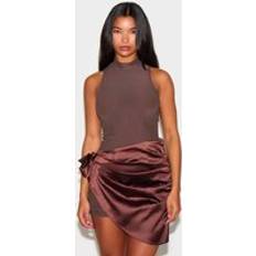 PrettyLittleThing Woven High Neck Satin Drape Mini Dress - Chocolate