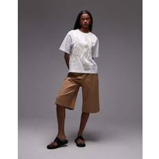 Adult T-shirts Topshop Embroidered Floral Raffia Oversized Tee - White