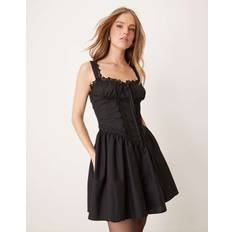 Western Poplin Lace Trim Corset Mini Dress - Black