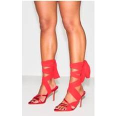 PrettyLittleThing Red Satin Round Toe Lace Up Ribbon High Heeled Sandals