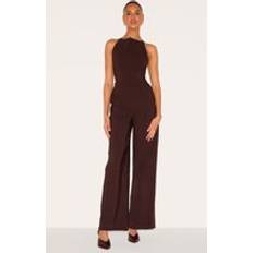 PrettyLittleThing Stretch Woven Square Neck Wide Leg Jumpsuit - Dark Chocolate