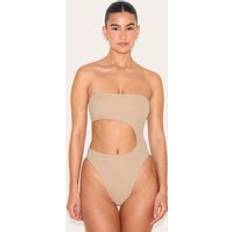 Beige - Women Swimsuits PrettyLittleThing Bandeau Cut Out High Leg Swimsuit - Pink