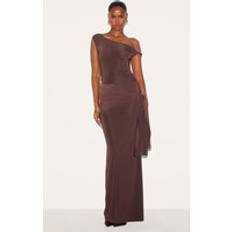 PrettyLittleThing Chocolate Slinky Off Shoulder Wrap Detail Maxi Dress