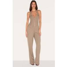 PrettyLittleThing Mushroom Dipped Corset Zip Front Wide Leg Jumpsuit - Mushroom