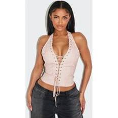 PrettyLittleThing Shape Washed Faux Leather Halter Neck Lace Up Corset - Pink