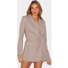 PrettyLittleThing Taupe Tailored Woven Cinched Waist Long Sleeve Playsuit - Brown
