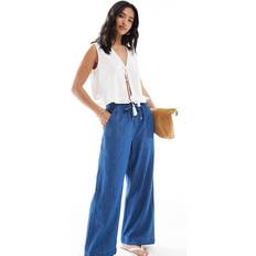 New Look Petite Denim Pull On Wide Leg Trousers - Mid Blue