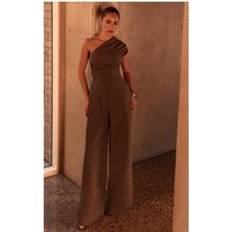 PLT Label Asymmetric Ruched Wide Leg Jumpsuit - Dark Taupe