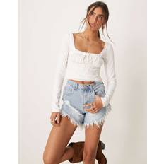Tvättade Slitna Jeansshorts Med Hög Midja - Blå