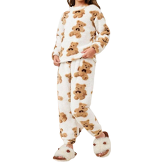 Shein Tween Girl Bear Print Flannel PJ Set