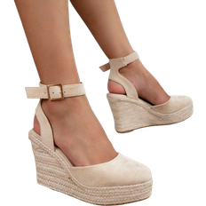 Shein Women Beige Ankle Strap Woven Wedge Sandals, Round Toe High Heel For Vacation