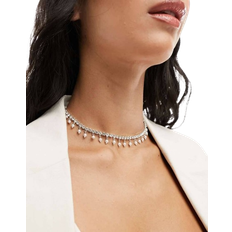 Choker Necklace With Crystal Cupchain - Silver Tone