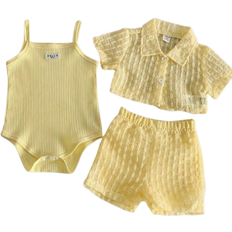 Shein Baby Girls' Holiday Leisure Style Textured Fabric Short Sleeved Shirt Shorts Suspenders Romper 3pcs Set Perfect For Daily Wear, Exclusive For Su