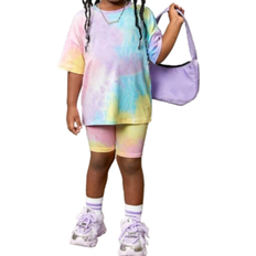 Shein Young Girl Fashion Sports TieDye Crew Neck Short Sleeve Shorts Set Summer