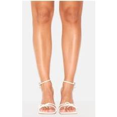 PrettyLittleThing Cream PU Square Toe Bow Barely There Heeled Sandals - White
