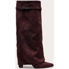 PrettyLittleThing Faux Suede Point Toe Fold Over Knee Block Heeled Boots - Chocolate