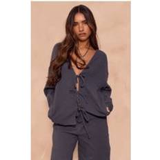 PrettyLittleThing Textured Cheesecloth Tie Front Shirt - Dark Blue