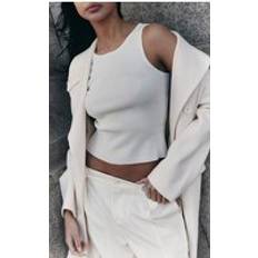 Beige Tank Tops PrettyLittleThing Cream Fine Knit Racer Neck Top - White