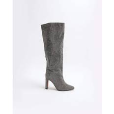 Grey - Women High Boots River Island Womens Knee High Heeled Boots - Grey