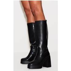 Boots PrettyLittleThing Wide Fit Black Pu Square Toe Block Heeled Slight Platform Knee High Boot - Black