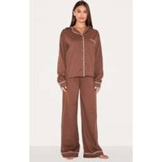 Brown - Women Pyjamas PrettyLittleThing Chocolate Jersey Contrast Piping Detail Long Pj Set - Chocolate