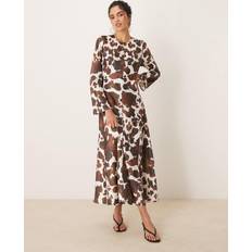 Y.A.S Long Sleeve Satin Maxi Dress - Brown Cow Print