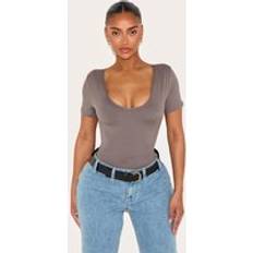 Grey Shapewear & Under Garments PrettyLittleThing Shape Charcoal Sculpted V Neck Short Sleeve Bodysuit - Grey