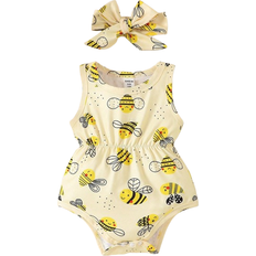 Yellow Bodysuits Children's Clothing Shein Baby Girls Simple Bee Printed Sleeveless Romper For Daily Wear