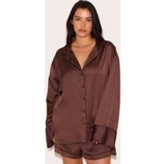 Brown - Women Sleepwear PrettyLittleThing Plus Chocolate Satin Piping Long Sleeve Short Pj Set - Chocolate