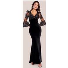 Velvet Dresses Goddiva Scalloped Lace & Velvet Maxi Dress - Solid Black