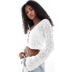 Natural - Women Cardigans Bershka Crochet Button Front Cardigan - Ecru